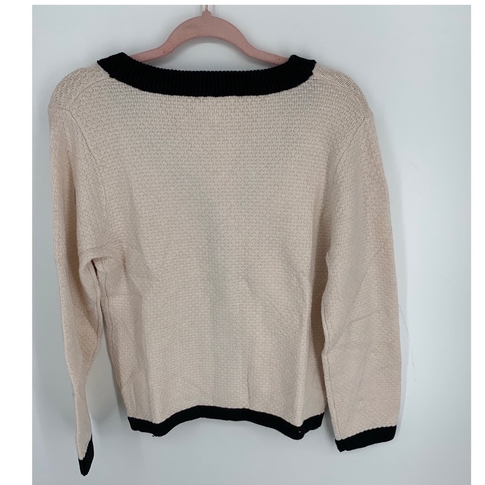 Boutique Women Cream Black Contrast Trim Pearl Button Cardigan Sweater Medium - Picture 4 of 8